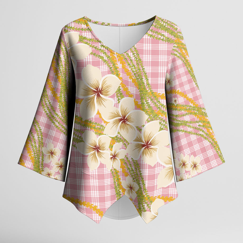 Akala Hamele Palaka Plumeria Kimono Sleeve Blouse Puakenikeni and Maile Lei LT9 Female Dusty Rose - Polynesian Pride