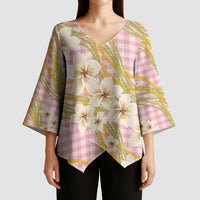 Akala Hamele Palaka Plumeria Kimono Sleeve Blouse Puakenikeni and Maile Lei LT9 - Polynesian Pride
