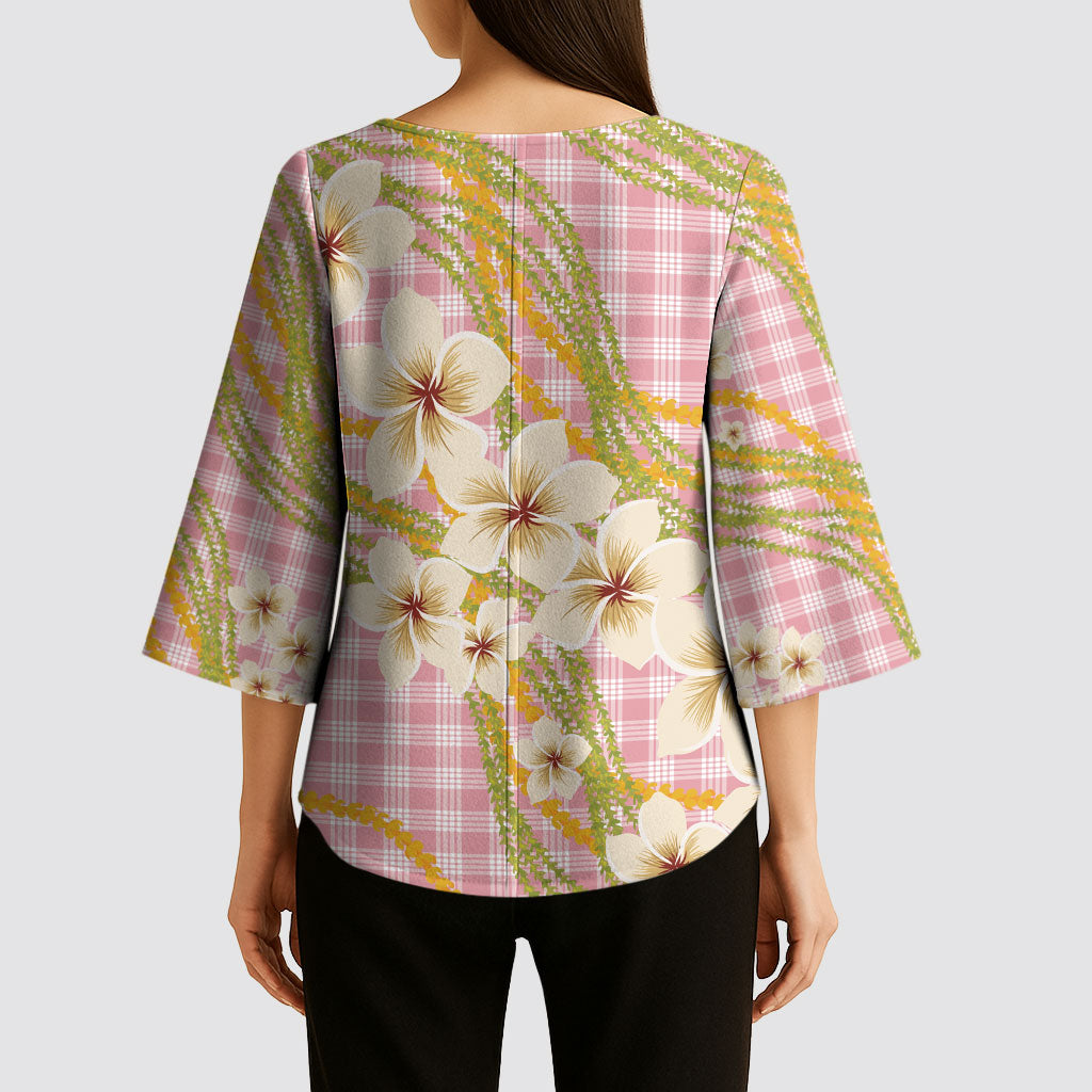 Akala Hamele Palaka Plumeria Kimono Sleeve Blouse Puakenikeni and Maile Lei LT9 - Polynesian Pride