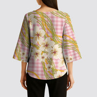 Akala Hamele Palaka Plumeria Kimono Sleeve Blouse Puakenikeni and Maile Lei LT9 - Polynesian Pride