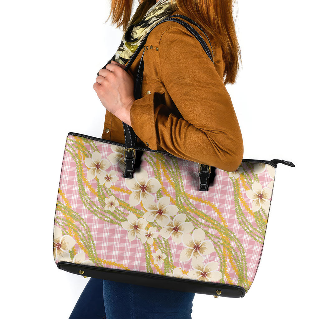 Akala Hamele Palaka Plumeria Leather Tote Bag Puakenikeni and Maile Lei LT9 Dusty Rose - Polynesian Pride