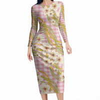 Akala Hamele Palaka Plumeria Long Sleeve Bodycon Dress Puakenikeni and Maile Lei LT9 Long Dress Dusty Rose - Polynesian Pride