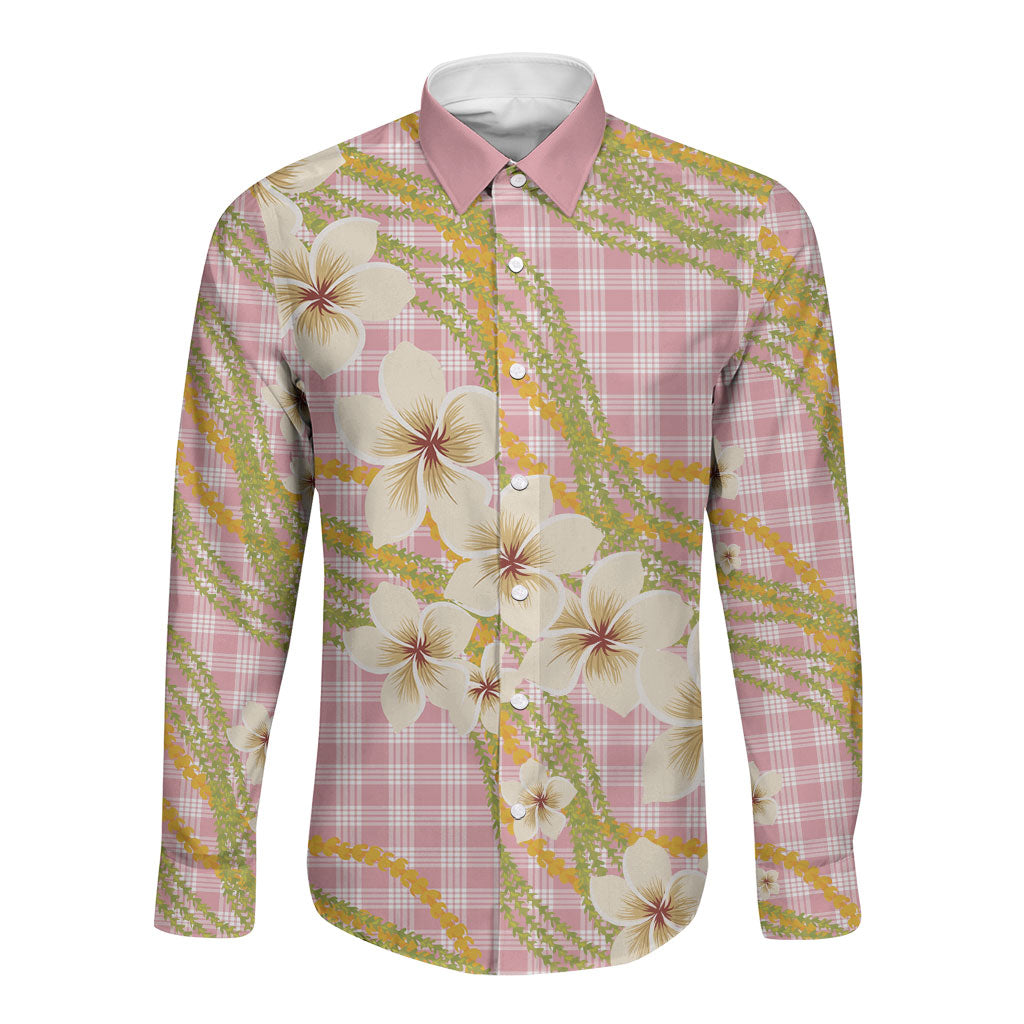 Akala Hamele Palaka Plumeria Long Sleeve Button Shirt Puakenikeni and Maile Lei LT9 Unisex Dusty Rose - Polynesian Pride