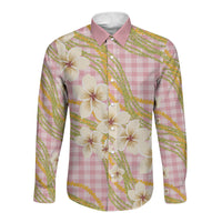 Akala Hamele Palaka Plumeria Long Sleeve Button Shirt Puakenikeni and Maile Lei LT9 Unisex Dusty Rose - Polynesian Pride