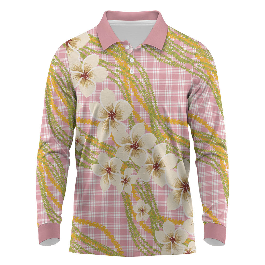 Akala Hamele Palaka Plumeria Long Sleeve Polo Shirt Puakenikeni and Maile Lei LT9 Dusty Rose - Polynesian Pride
