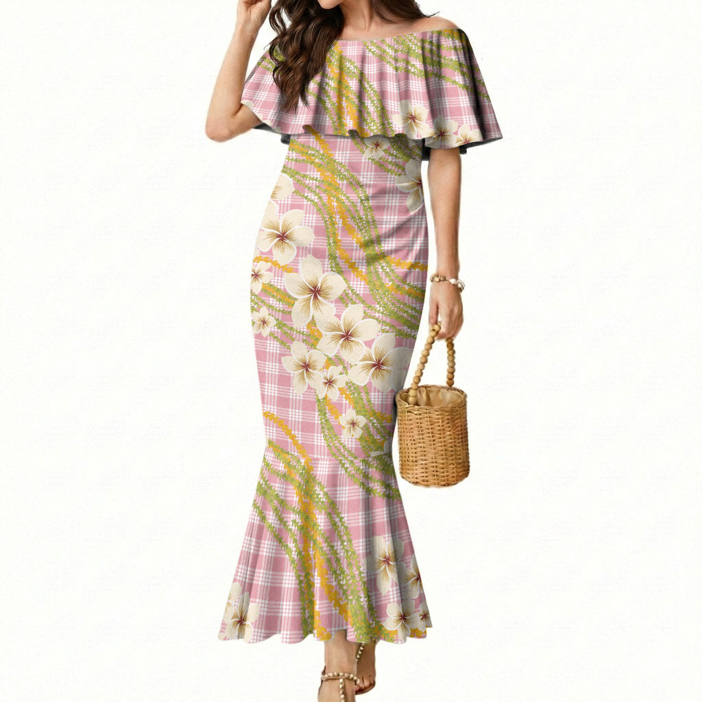 Akala Hamele Palaka Plumeria Mermaid Dress Puakenikeni and Maile Lei LT9 Women Dusty Rose - Polynesian Pride