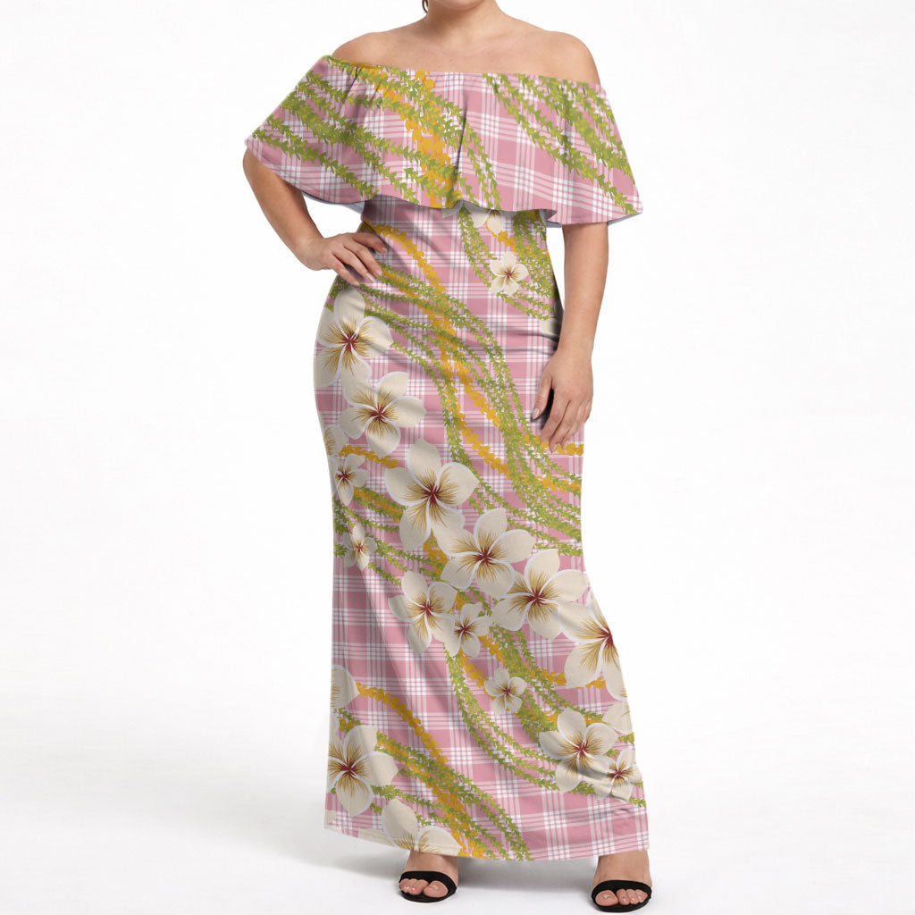 Akala Hamele Palaka Plumeria Off Shoulder Maxi Dress Puakenikeni and Maile Lei LT9 Women Dusty Rose - Polynesian Pride