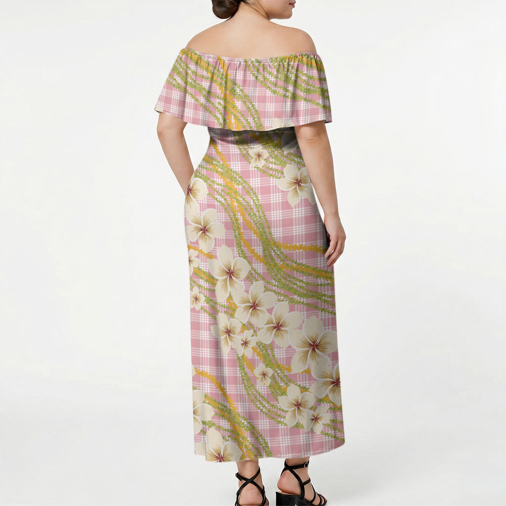 Akala Hamele Palaka Plumeria Off Shoulder Maxi Dress Puakenikeni and Maile Lei LT9 - Polynesian Pride