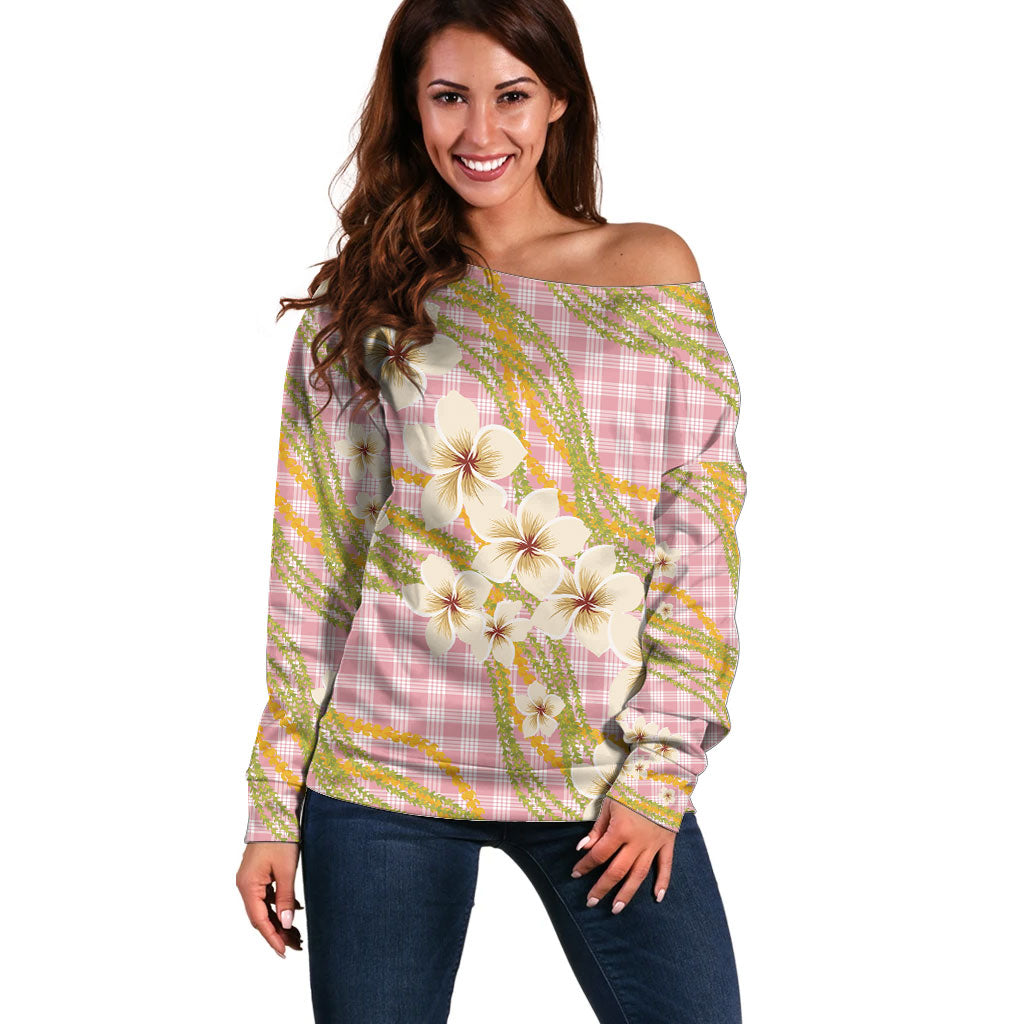 Akala Hamele Palaka Plumeria Off Shoulder Sweater Puakenikeni and Maile Lei LT9 Women Dusty Rose - Polynesian Pride