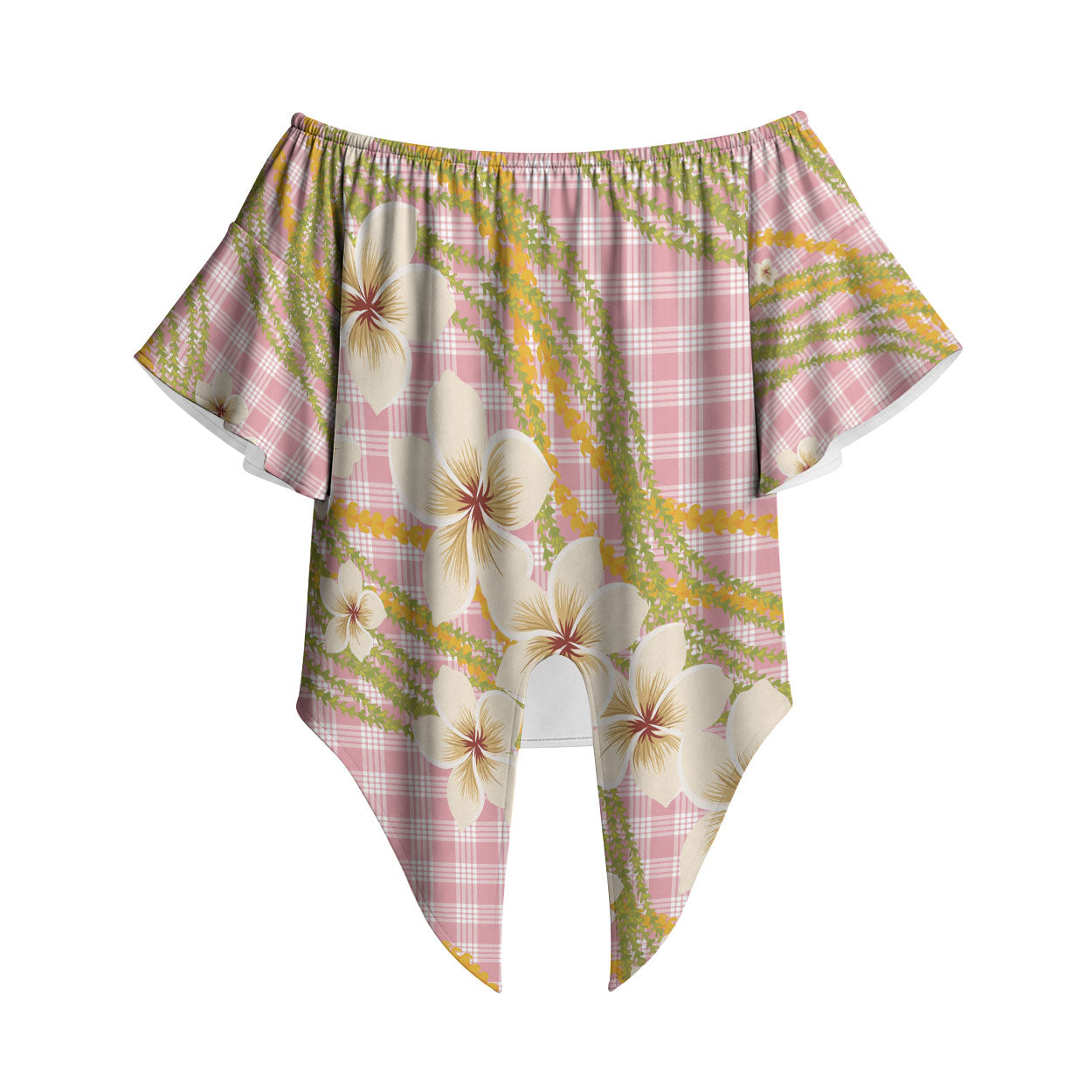 Akala Hamele Palaka Plumeria Off Shoulder Wrap Waist Top Puakenikeni and Maile Lei LT9 Dusty Rose - Polynesian Pride