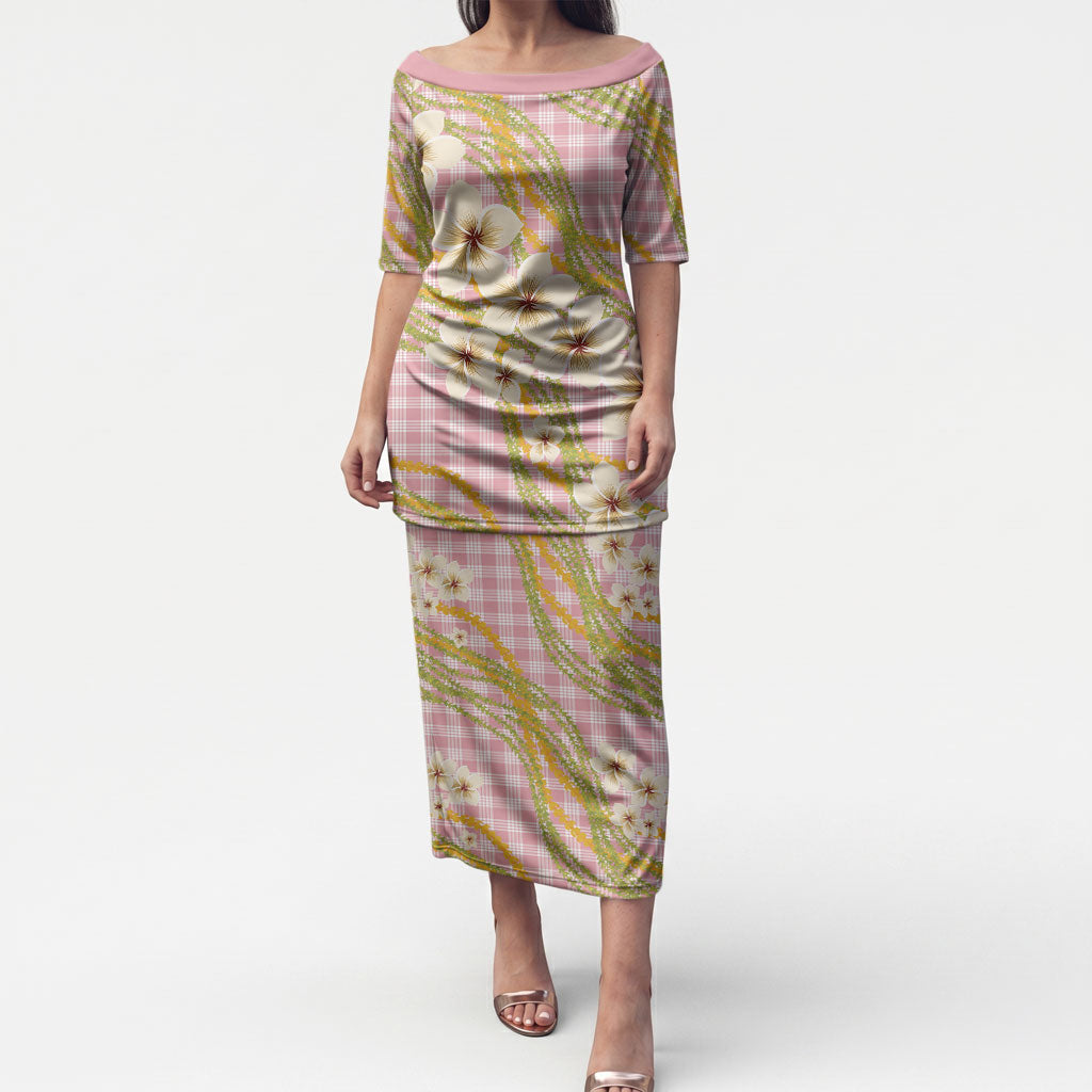 Akala Hamele Palaka Plumeria Puletasi Puakenikeni and Maile Lei LT9 Long Dress Dusty Rose - Polynesian Pride