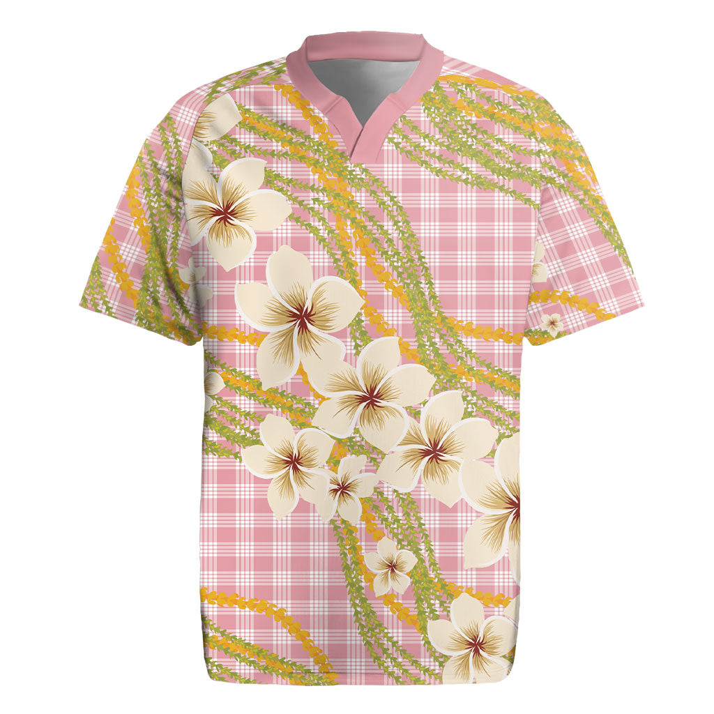 Akala Hamele Palaka Plumeria Rugby Jersey Puakenikeni and Maile Lei LT9 Dusty Rose - Polynesian Pride