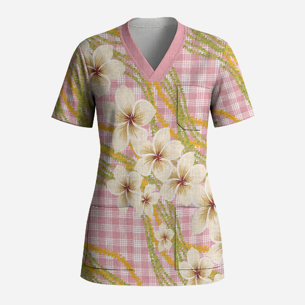 Akala Hamele Palaka Plumeria Scrub Top Puakenikeni and Maile Lei LT9 Adult Dusty Rose - Polynesian Pride
