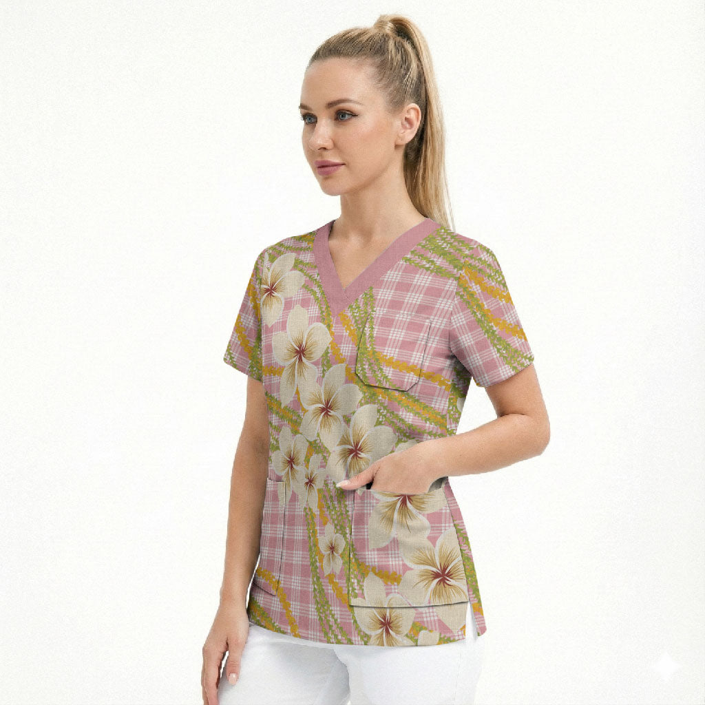 Akala Hamele Palaka Plumeria Scrub Top Puakenikeni and Maile Lei LT9 - Polynesian Pride