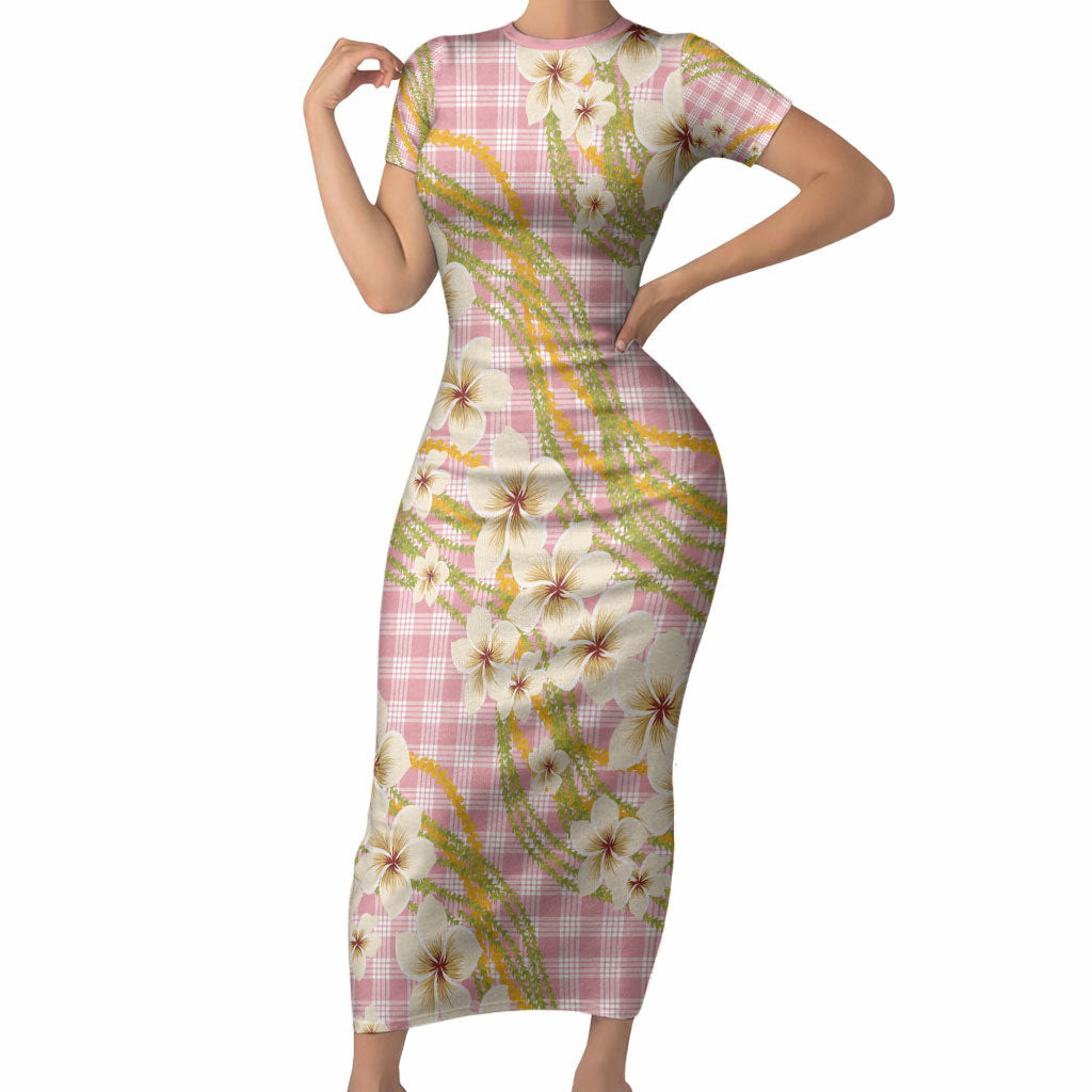 Akala Hamele Palaka Plumeria Short Sleeve Bodycon Dress Puakenikeni and Maile Lei LT9 Long Dress Dusty Rose - Polynesian Pride