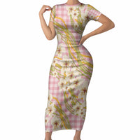 Akala Hamele Palaka Plumeria Short Sleeve Bodycon Dress Puakenikeni and Maile Lei LT9 Long Dress Dusty Rose - Polynesian Pride