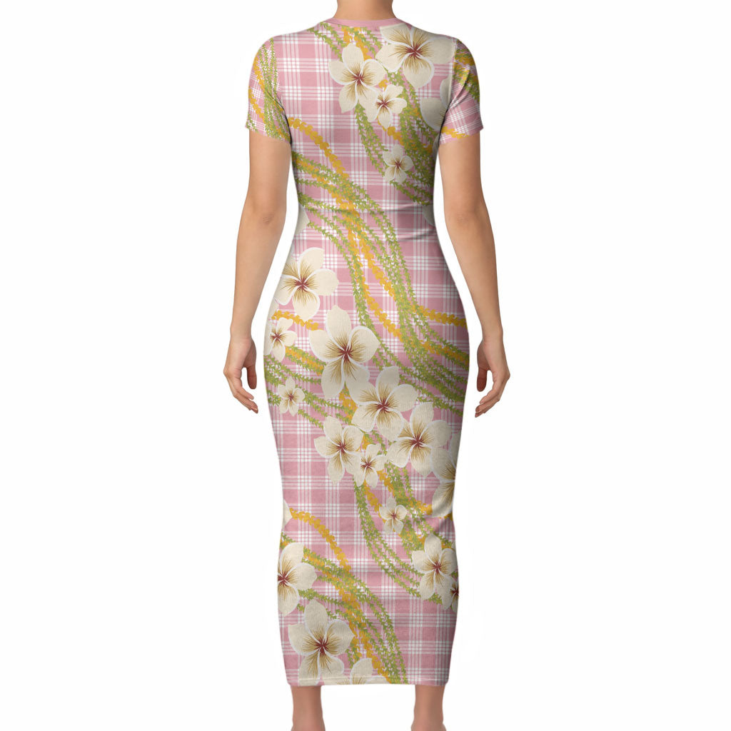 Akala Hamele Palaka Plumeria Short Sleeve Bodycon Dress Puakenikeni and Maile Lei LT9 - Polynesian Pride