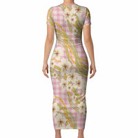 Akala Hamele Palaka Plumeria Short Sleeve Bodycon Dress Puakenikeni and Maile Lei LT9 - Polynesian Pride