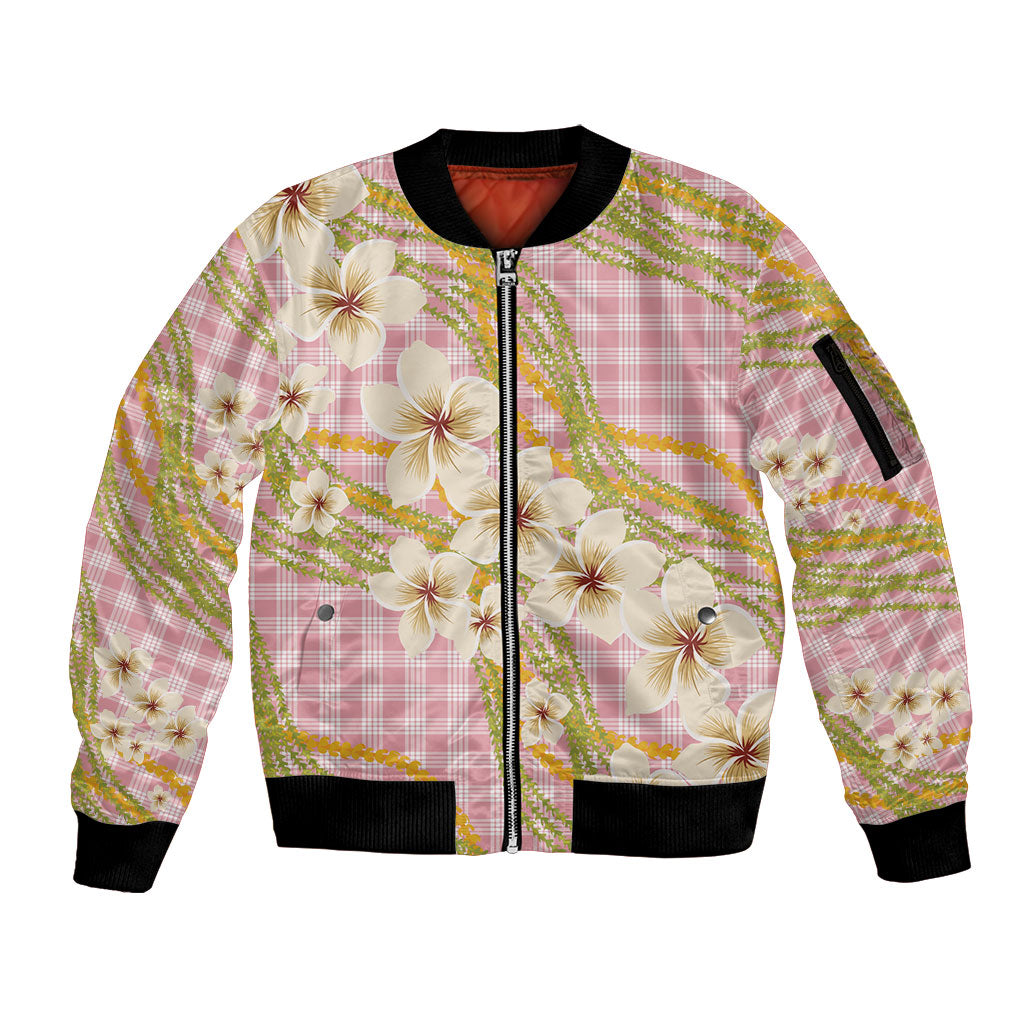 Akala Hamele Palaka Plumeria Sleeve Zip Bomber Jacket Puakenikeni and Maile Lei LT9 Unisex Dusty Rose - Polynesian Pride