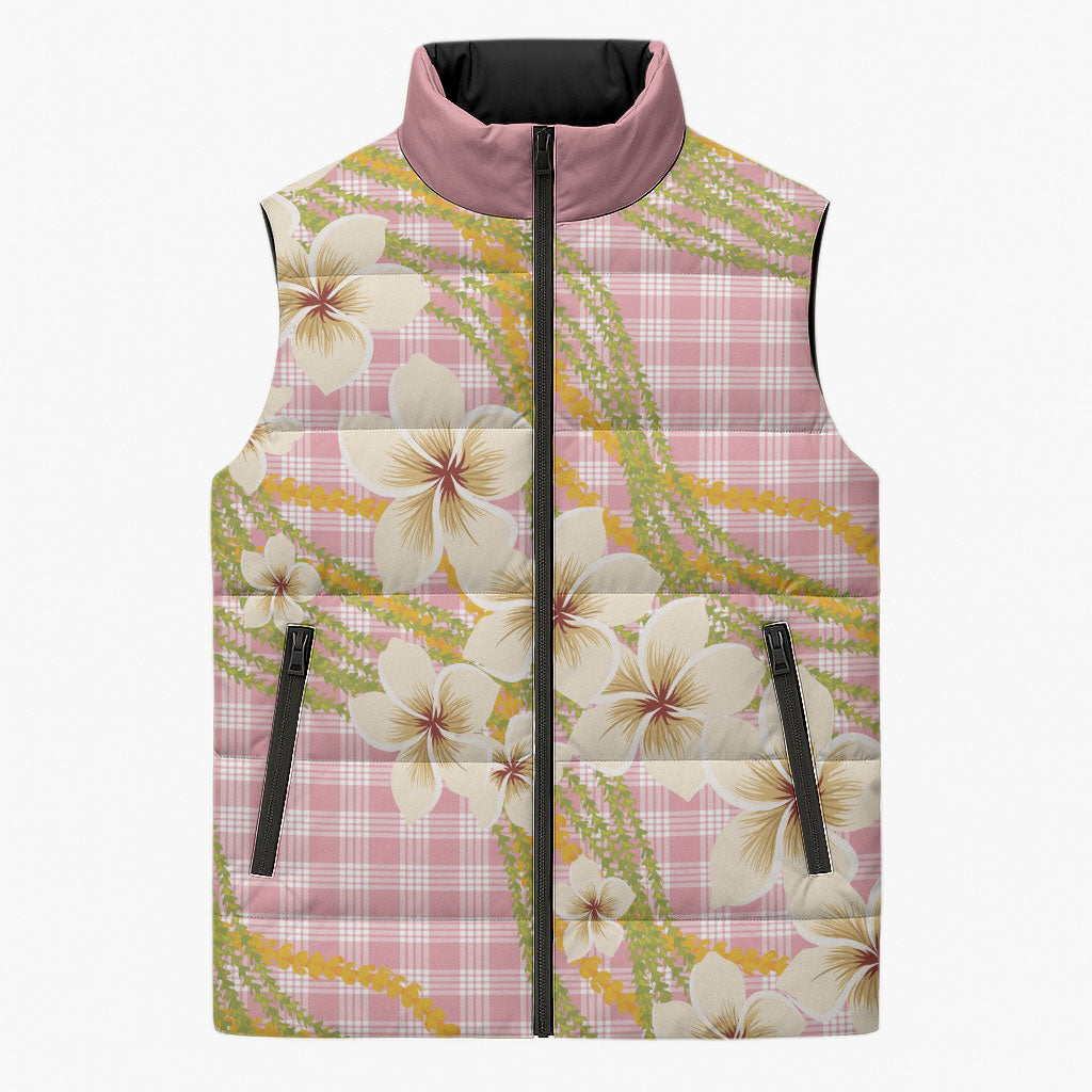 Akala Hamele Palaka Plumeria Sleeveless Puffer Jacket Puakenikeni and Maile Lei LT9 Unisex Dusty Rose - Polynesian Pride