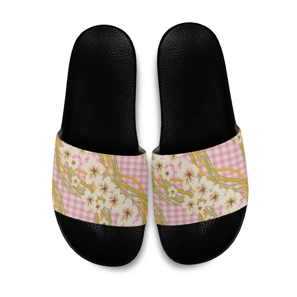 Akala Hamele Palaka Plumeria Slide Sandals Puakenikeni and Maile Lei LT9 Dusty Rose - Polynesian Pride