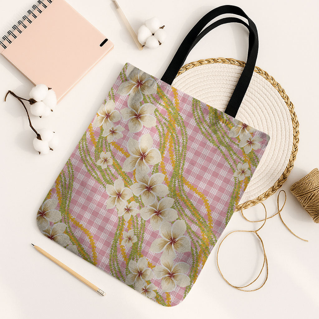 Akala Hamele Palaka Plumeria Tote Bag Puakenikeni and Maile Lei LT9 Black Strap One Size Dusty Rose - Polynesian Pride