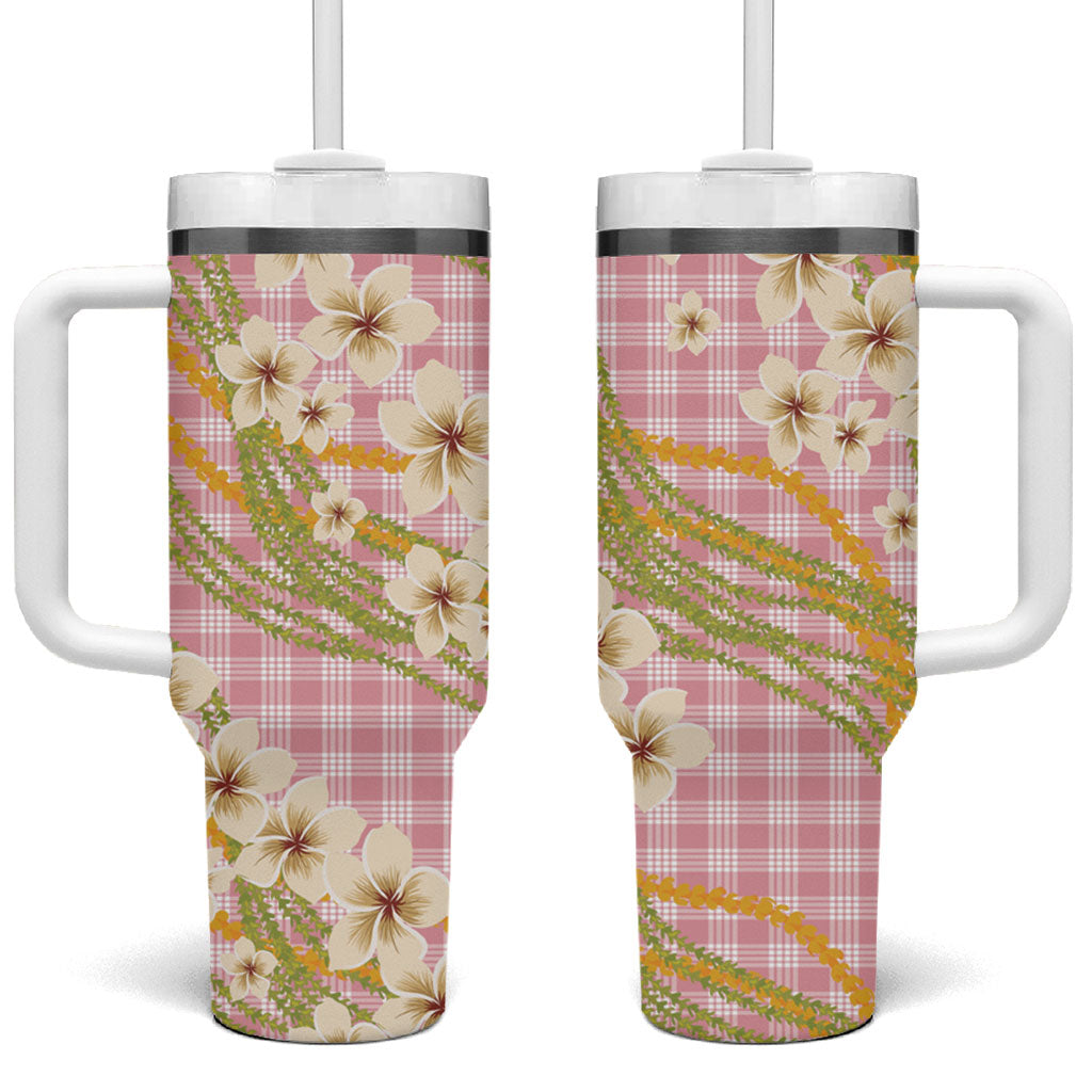 Akala Hamele Palaka Plumeria Tumbler With Handle Puakenikeni and Maile Lei LT9 One Size: 40 oz Dusty Rose - Polynesian Pride