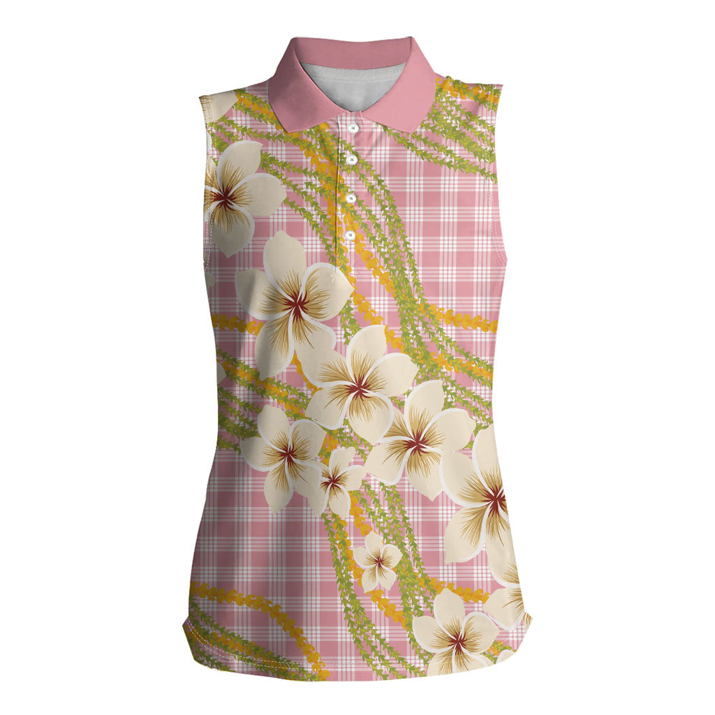 Akala Hamele Palaka Plumeria Women Sleeveless Polo Shirt Puakenikeni and Maile Lei LT9 Female Dusty Rose - Polynesian Pride