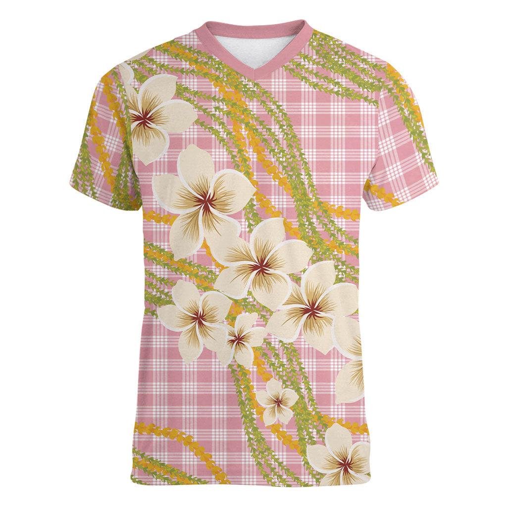 Akala Hamele Palaka Plumeria Women V-Neck T-Shirt Puakenikeni and Maile Lei LT9 Female Dusty Rose - Polynesian Pride