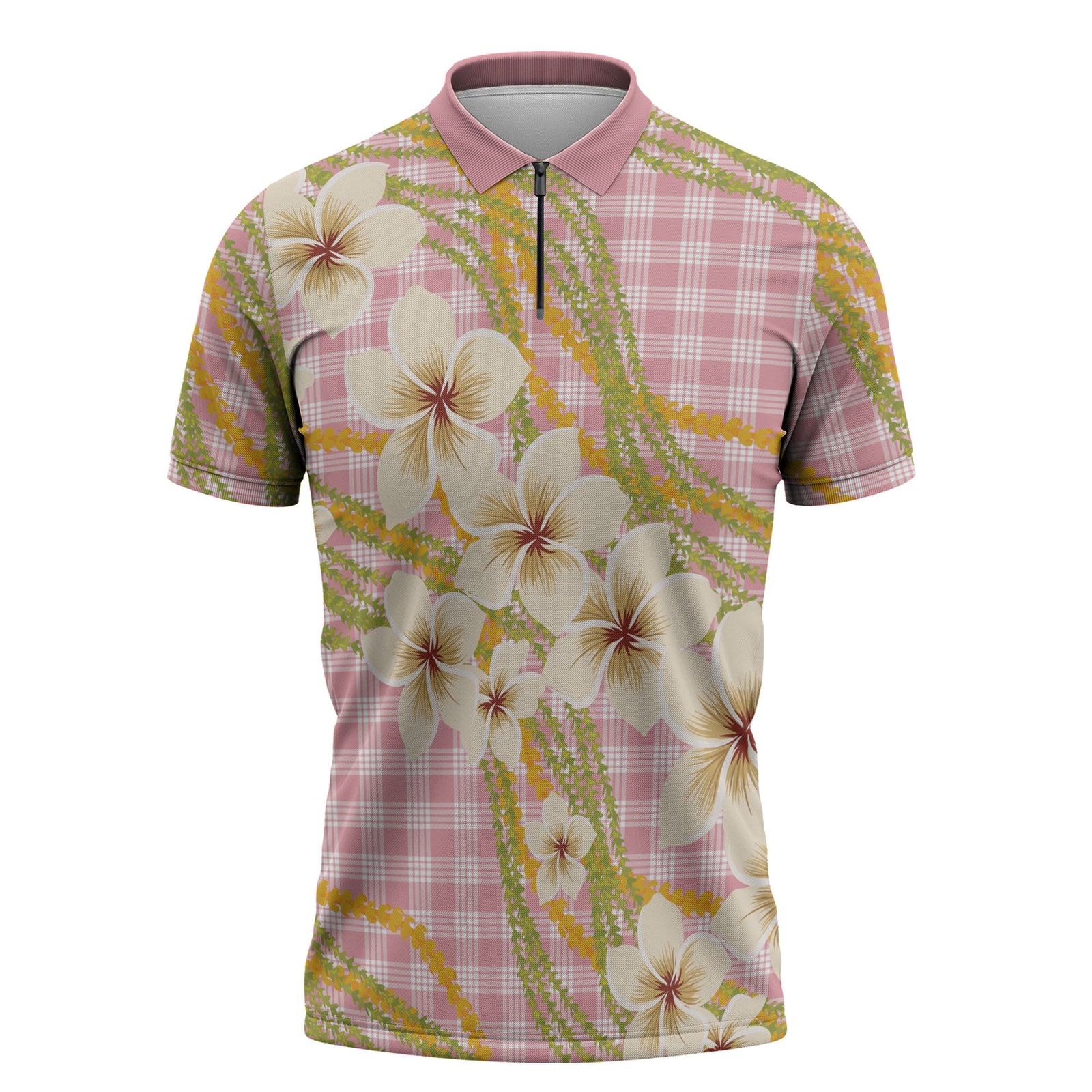 Akala Hamele Palaka Plumeria Zipper Polo Shirt Puakenikeni and Maile Lei LT9 Dusty Rose - Polynesian Pride
