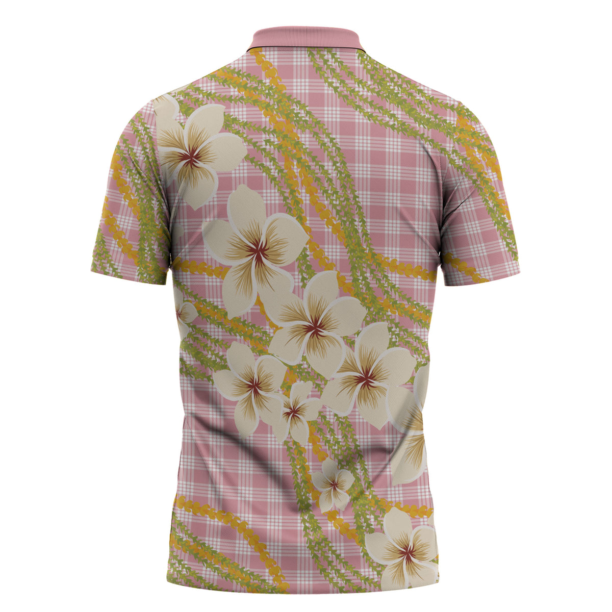 Akala Hamele Palaka Plumeria Zipper Polo Shirt Puakenikeni and Maile Lei LT9 - Polynesian Pride