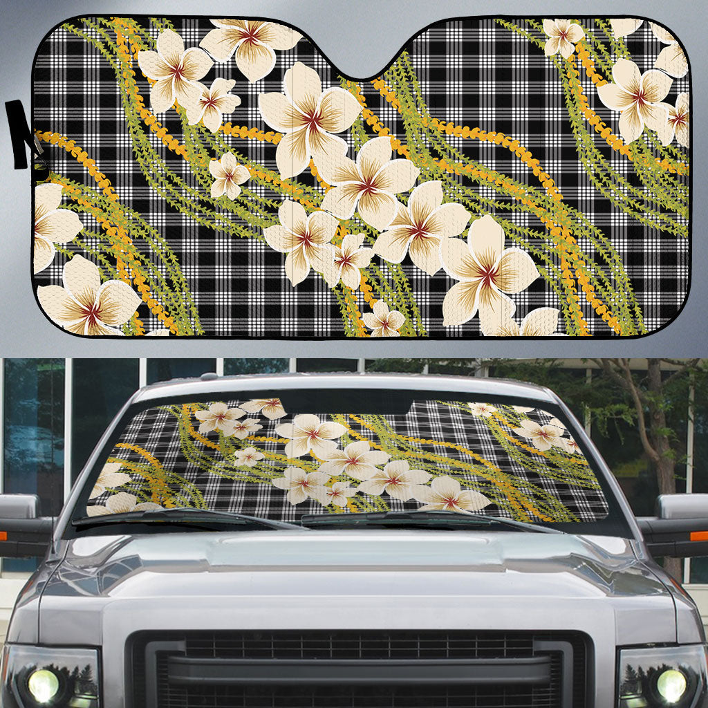 Ele'ele Hawai'i Palaka Plumeria Auto Sun Shade Puakenikeni and Maile Lei LT9 Black - Polynesian Pride