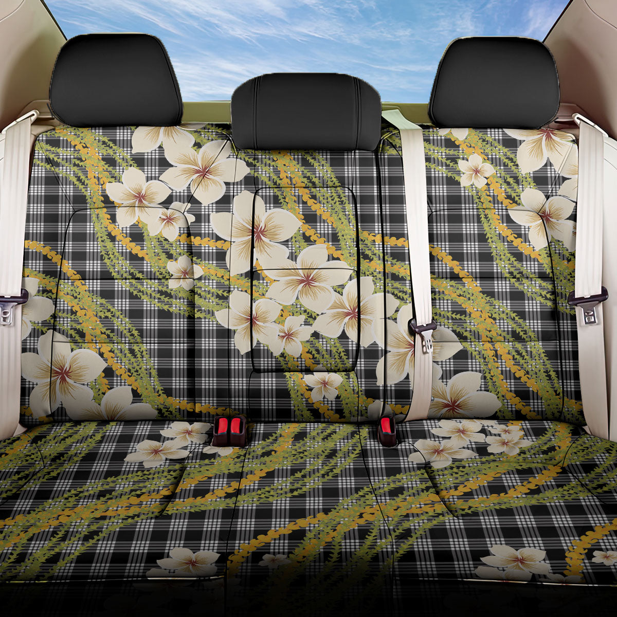 Ele'ele Hawai'i Palaka Plumeria Back Car Seat Cover Puakenikeni and Maile Lei LT9 One Size Black - Polynesian Pride