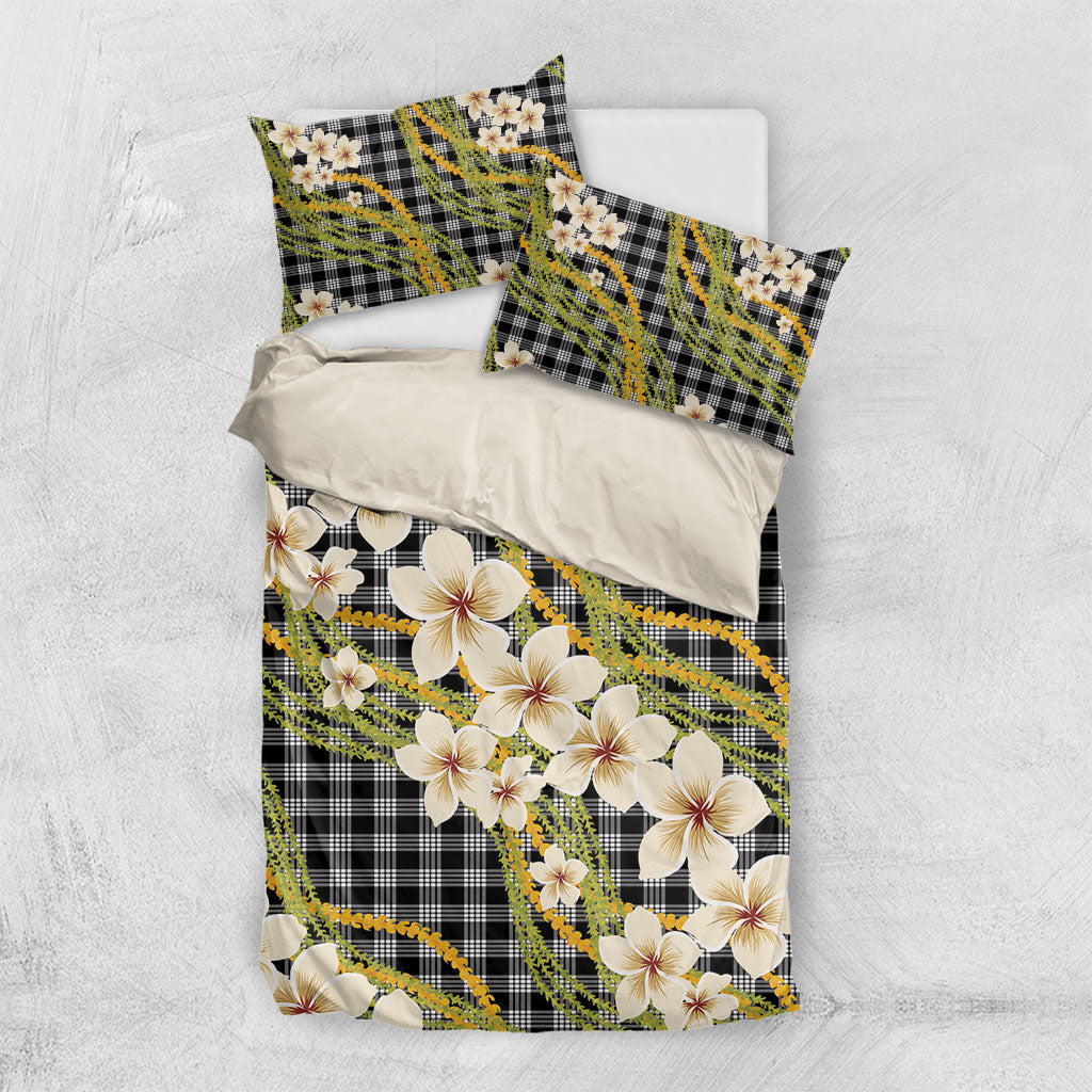 Ele'ele Hawai'i Palaka Plumeria Bedding Set Puakenikeni and Maile Lei LT9 US Twin 172cm x 218cm Black - Polynesian Pride