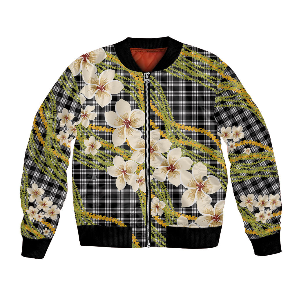 Ele'ele Hawai'i Palaka Plumeria Bomber Jacket Puakenikeni and Maile Lei LT9 Unisex Black - Polynesian Pride
