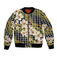 Ele'ele Hawai'i Palaka Plumeria Bomber Jacket Puakenikeni and Maile Lei LT9 Unisex Black - Polynesian Pride