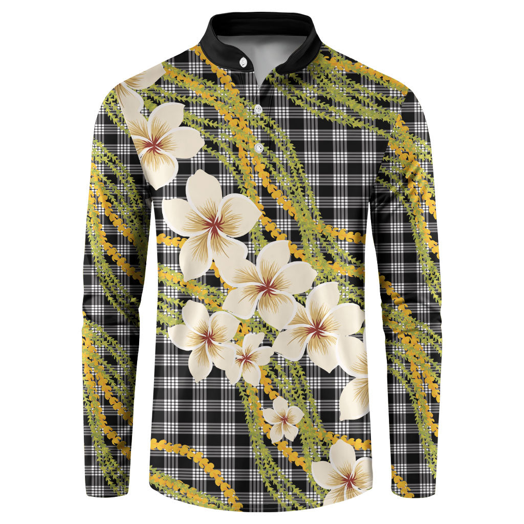 Ele'ele Hawai'i Palaka Plumeria Button Sweatshirt Puakenikeni and Maile Lei LT9 Black - Polynesian Pride