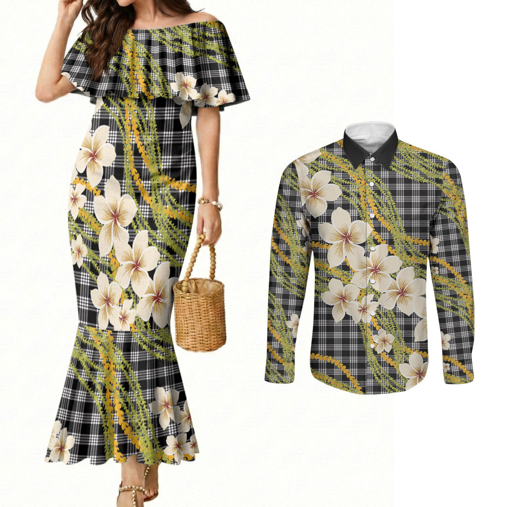 Ele'ele Hawai'i Palaka Plumeria Couples Matching Mermaid Dress and Long Sleeve Button Shirt Puakenikeni and Maile Lei LT9 Black - Polynesian Pride