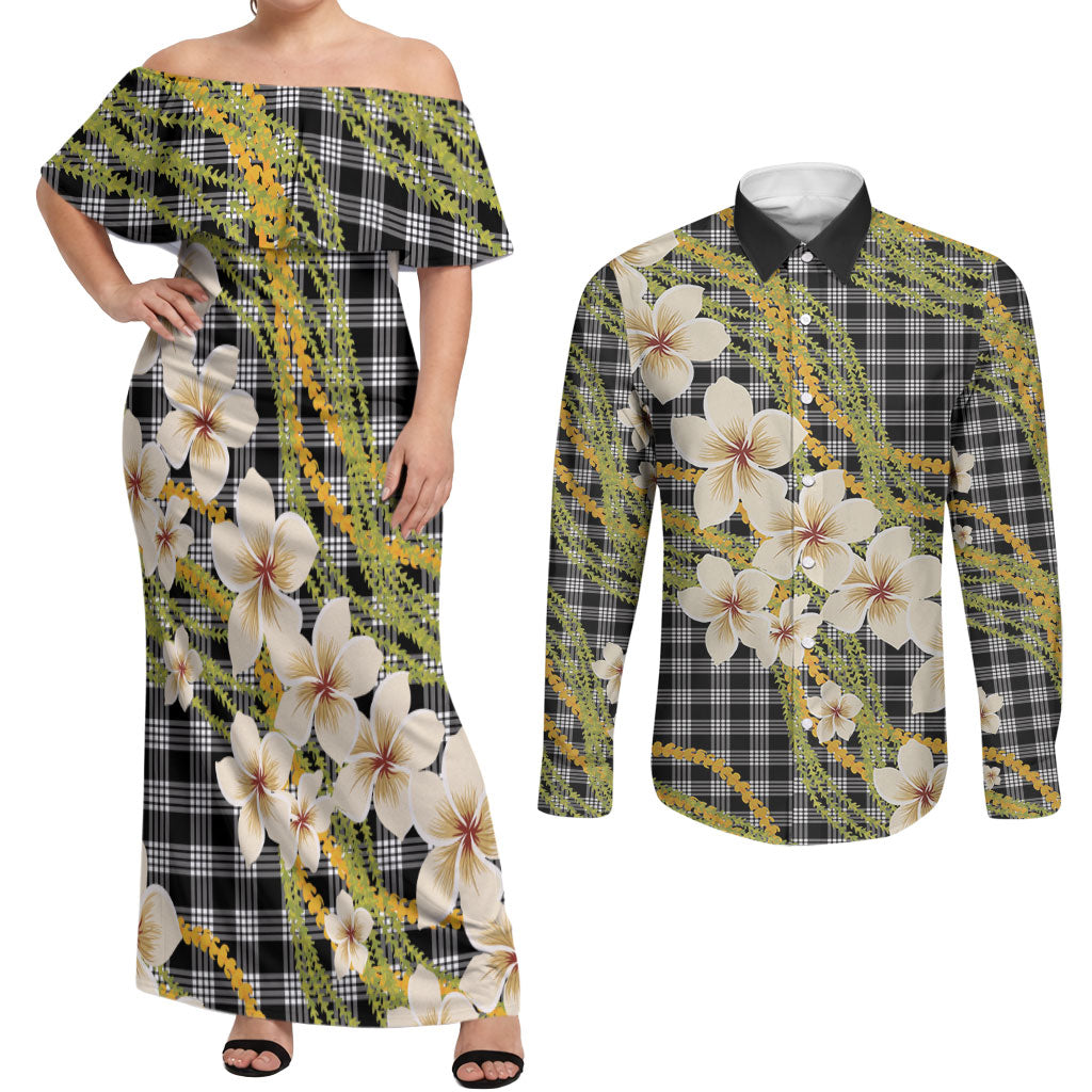 Ele'ele Hawai'i Palaka Plumeria Couples Matching Off Shoulder Maxi Dress and Long Sleeve Button Shirt Puakenikeni and Maile Lei LT9 Black - Polynesian Pride