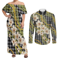 Ele'ele Hawai'i Palaka Plumeria Couples Matching Off Shoulder Maxi Dress and Long Sleeve Button Shirt Puakenikeni and Maile Lei LT9 Black - Polynesian Pride