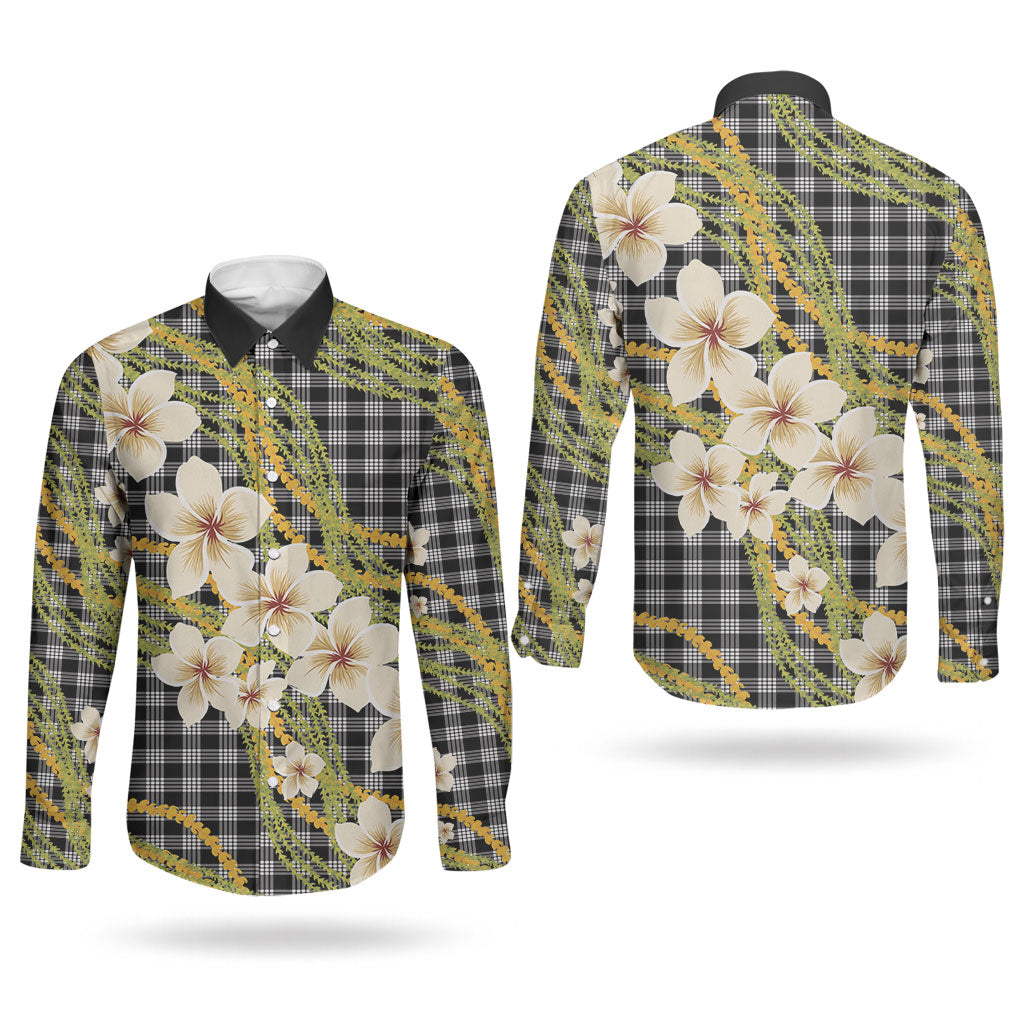Ele'ele Hawai'i Palaka Plumeria Couples Matching Off Shoulder Maxi Dress and Long Sleeve Button Shirt Puakenikeni and Maile Lei LT9 - Polynesian Pride