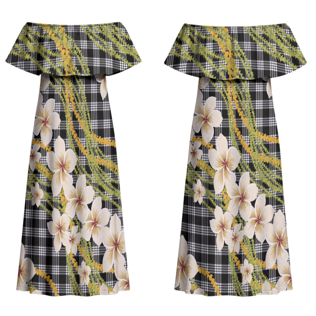 Ele'ele Hawai'i Palaka Plumeria Couples Matching Off Shoulder Maxi Dress and Long Sleeve Button Shirt Puakenikeni and Maile Lei LT9 - Polynesian Pride