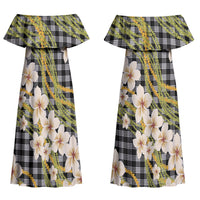 Ele'ele Hawai'i Palaka Plumeria Couples Matching Off Shoulder Maxi Dress and Long Sleeve Button Shirt Puakenikeni and Maile Lei LT9 - Polynesian Pride