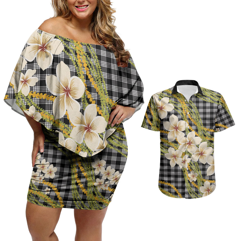 Ele'ele Hawai'i Palaka Plumeria Couples Matching Off Shoulder Short Dress and Hawaiian Shirt Puakenikeni and Maile Lei LT9 Black - Polynesian Pride
