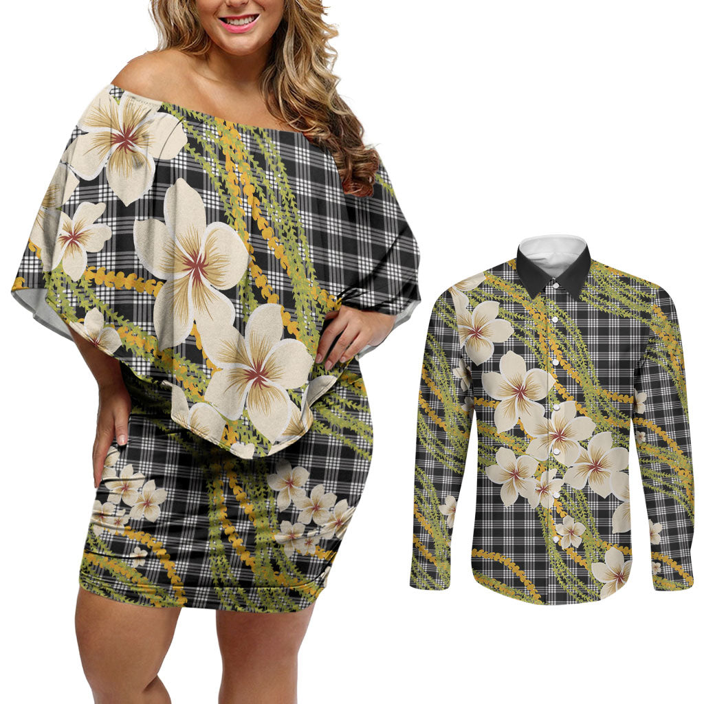 Ele'ele Hawai'i Palaka Plumeria Couples Matching Off Shoulder Short Dress and Long Sleeve Button Shirt Puakenikeni and Maile Lei LT9 Black - Polynesian Pride