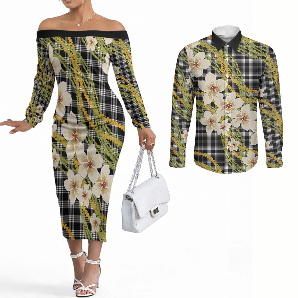 Ele'ele Hawai'i Palaka Plumeria Couples Matching Off The Shoulder Long Sleeve Dress and Long Sleeve Button Shirt Puakenikeni and Maile Lei LT9 Black - Polynesian Pride