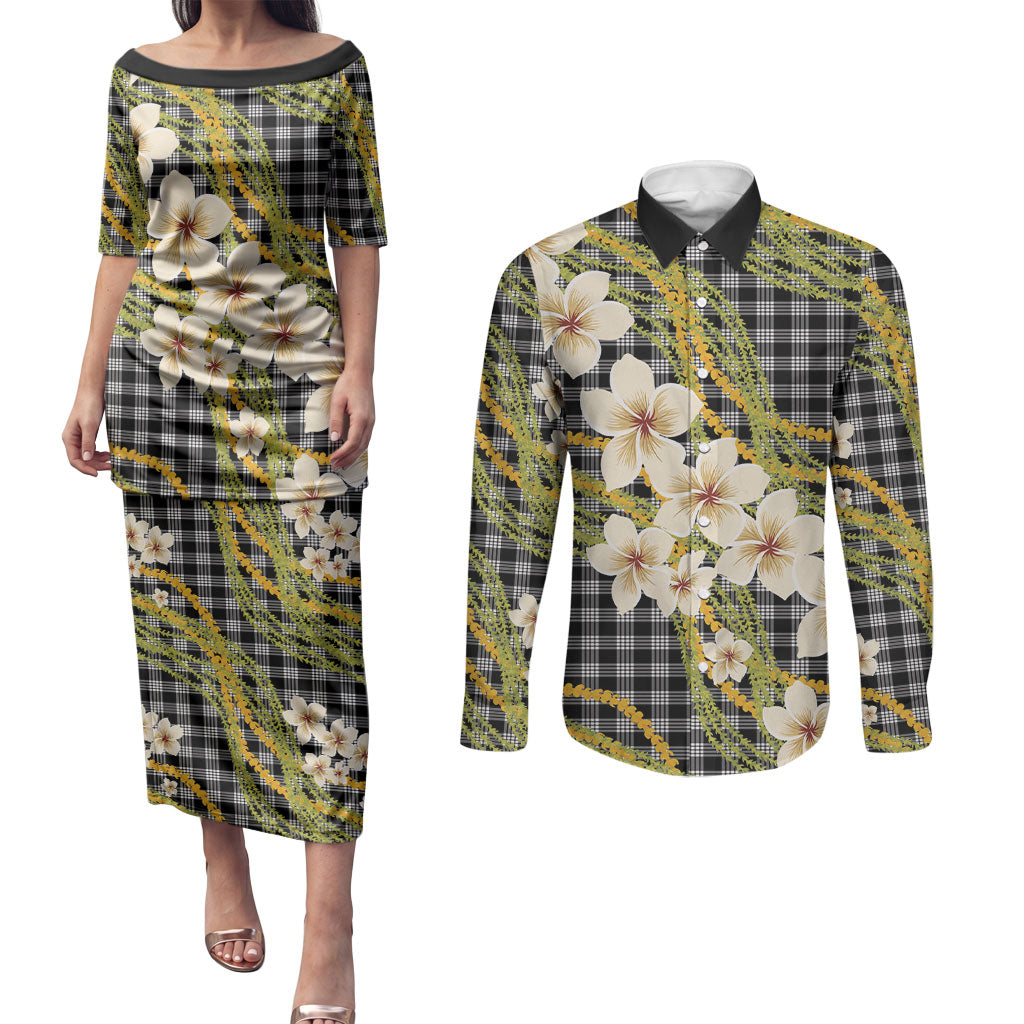 Ele'ele Hawai'i Palaka Plumeria Couples Matching Puletasi and Long Sleeve Button Shirt Puakenikeni and Maile Lei LT9 Black - Polynesian Pride