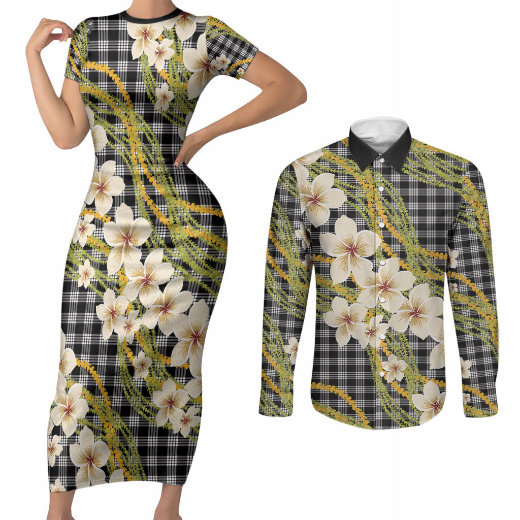 Ele'ele Hawai'i Palaka Plumeria Couples Matching Short Sleeve Bodycon Dress and Long Sleeve Button Shirt Puakenikeni and Maile Lei LT9 Black - Polynesian Pride
