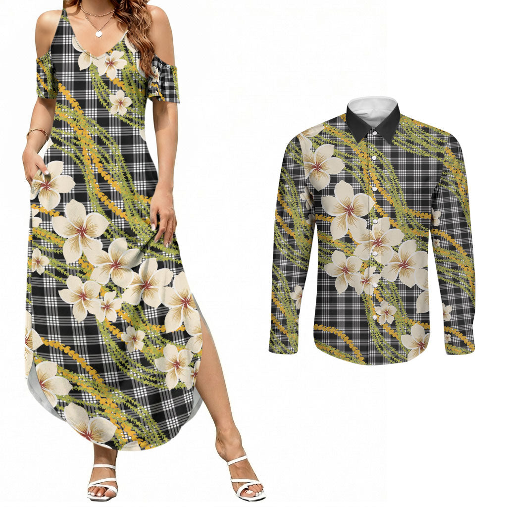 Ele'ele Hawai'i Palaka Plumeria Couples Matching Summer Maxi Dress and Long Sleeve Button Shirt Puakenikeni and Maile Lei LT9 Black - Polynesian Pride