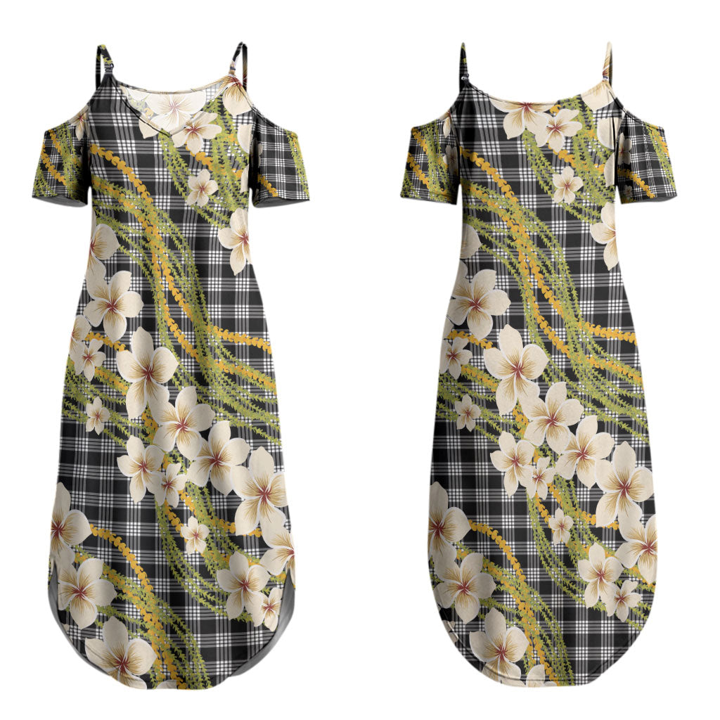 Ele'ele Hawai'i Palaka Plumeria Couples Matching Summer Maxi Dress and Long Sleeve Button Shirt Puakenikeni and Maile Lei LT9 - Polynesian Pride